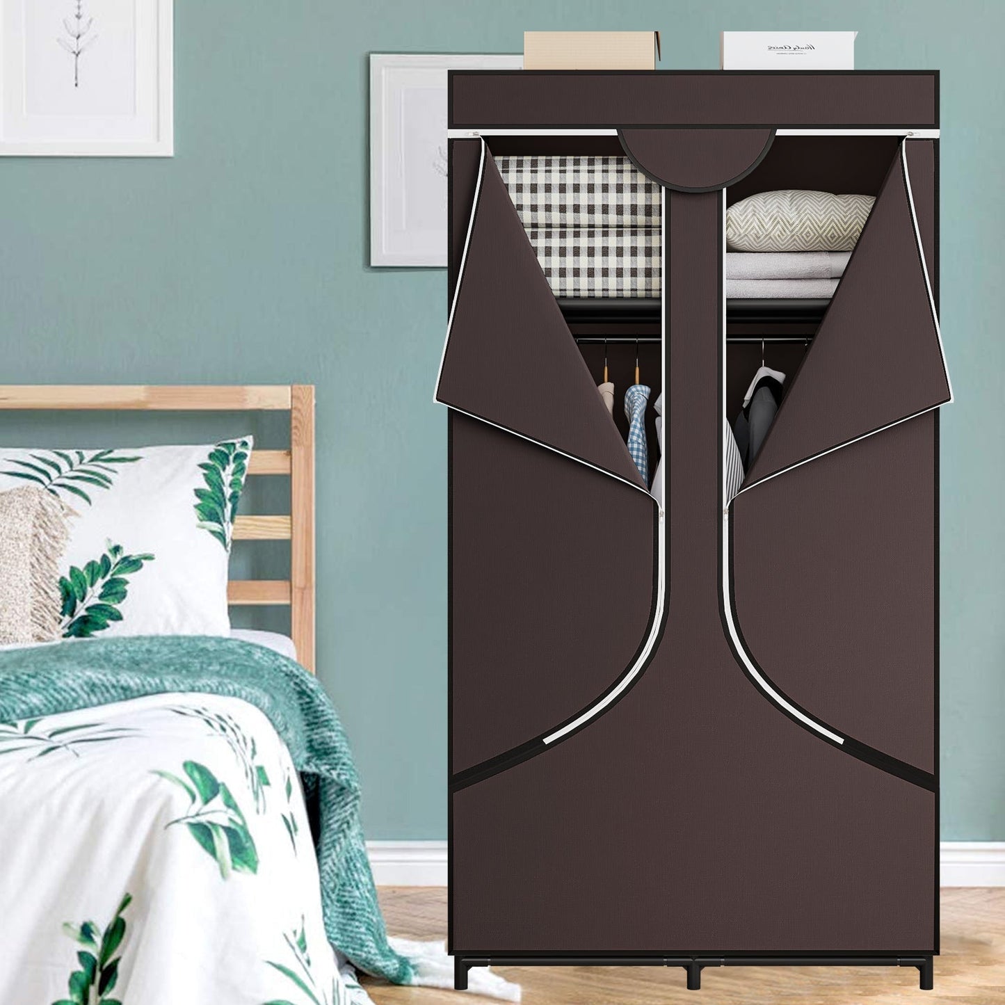 Linzinar 34 Inch Portable Wardrobe Closet Storage Organizer Metal Hanging Rack Non-Woven Fabric