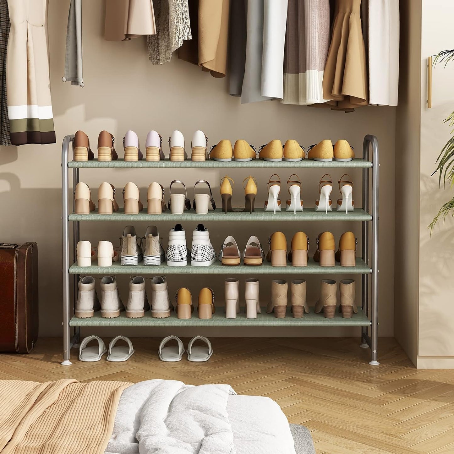 Linzinar Shoe Rack 4 Tier Long Storage Organizer Wide Metal Shoe Shelf