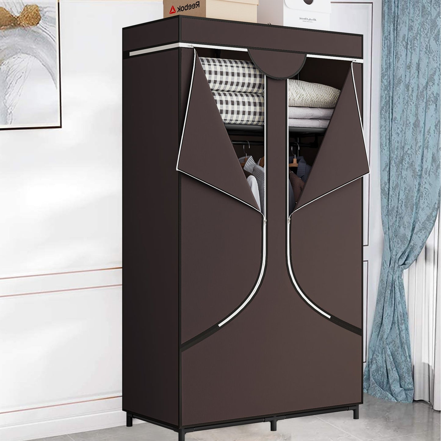 Linzinar 34 Inch Portable Wardrobe Closet Storage Organizer Metal Hanging Rack Non-Woven Fabric