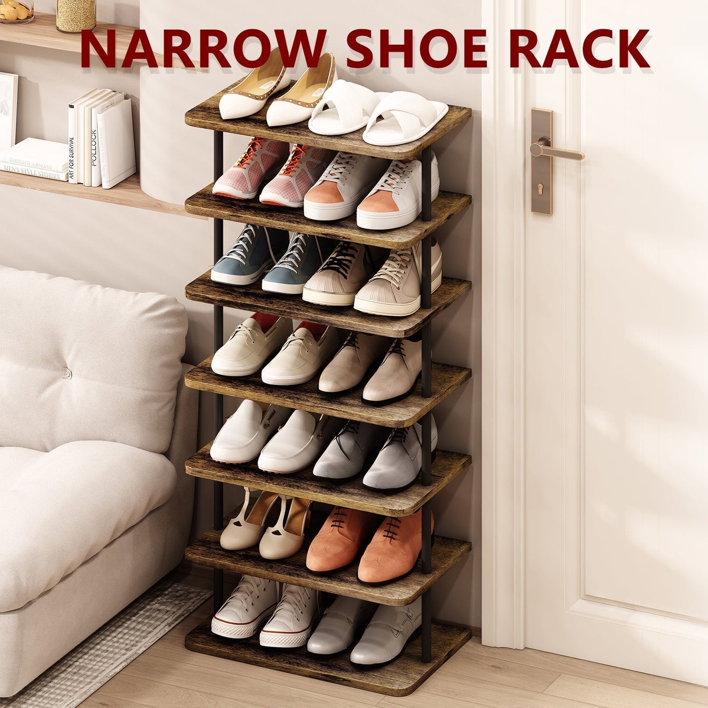 Linzinar Shoe Rack 7 Tier Vertical Storage Organizer Double Row Narrow Metal Slim Shelf