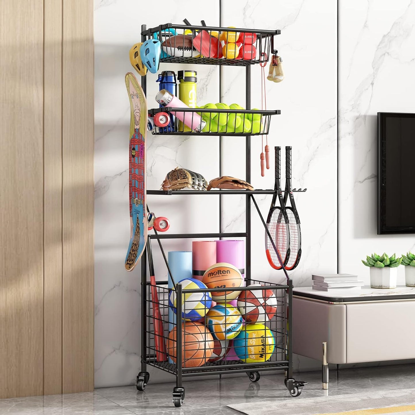 Linzinar Garage Sports Equipment Organizer System Ball Gear Outdoor Toy Storage Rack