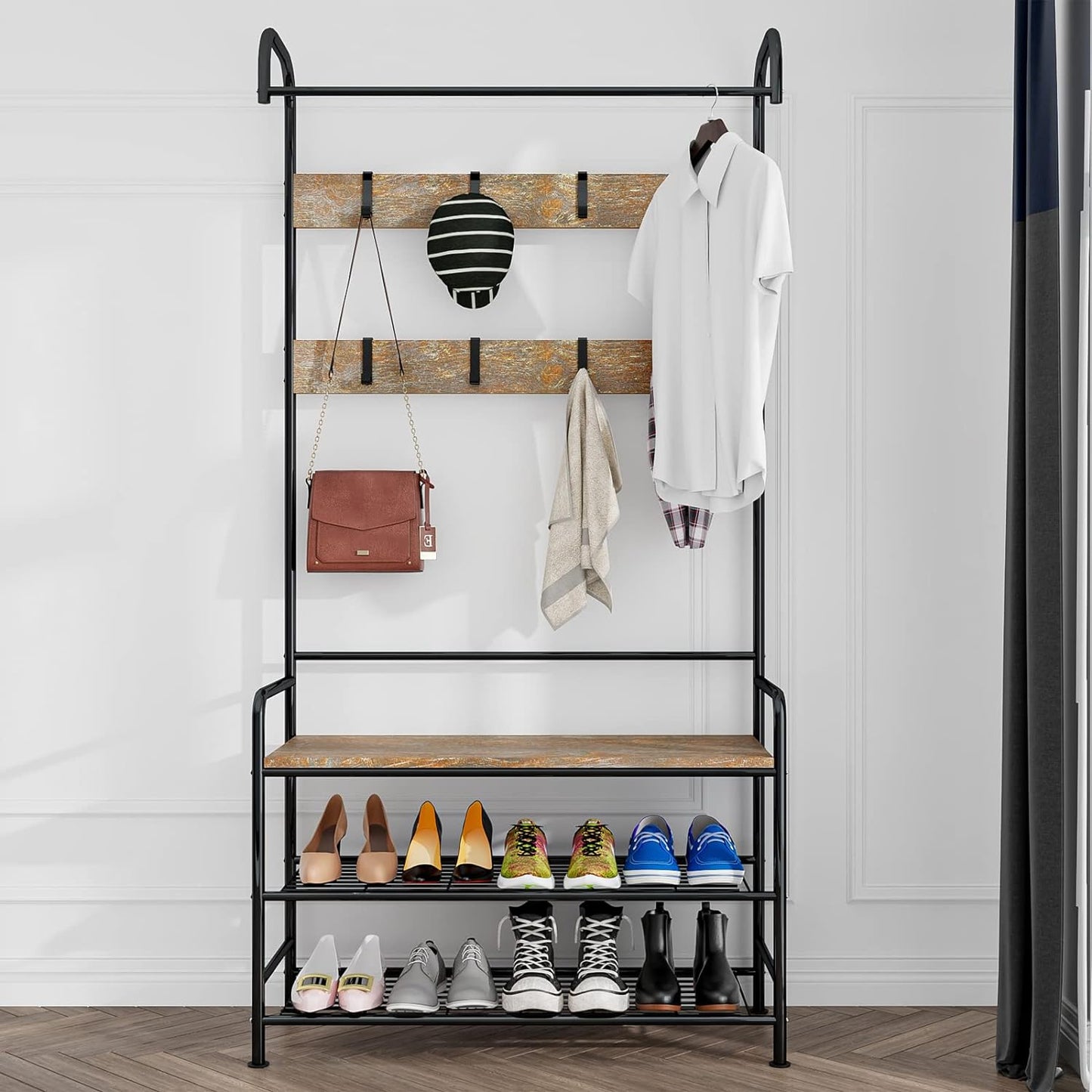 Linzinar Coat Rack Shoe Bench 3-in-1 Hall Tree Storage Shelf Organizer