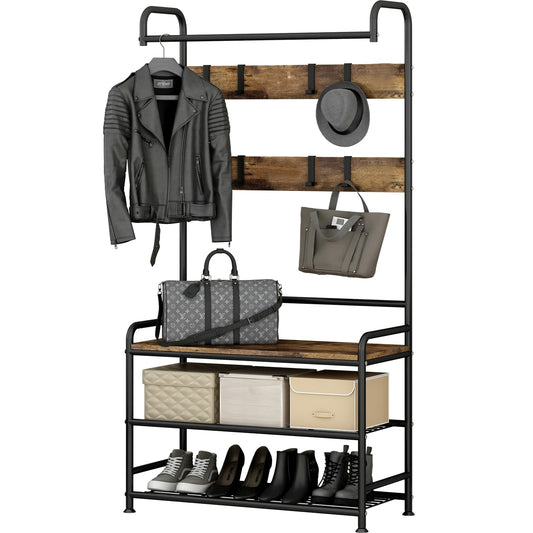 Linzinar Coat Rack Shoe Bench 3-in-1 Hall Tree Storage Shelf Organizer