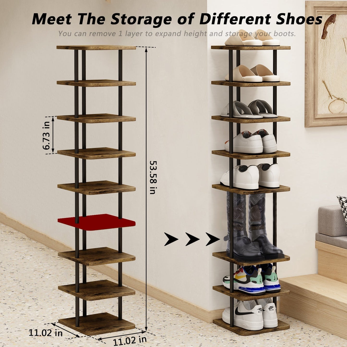 Linzinar Shoe Rack 9 Tier Vertical Storage Organizer Metal Narrow Slim Shelf