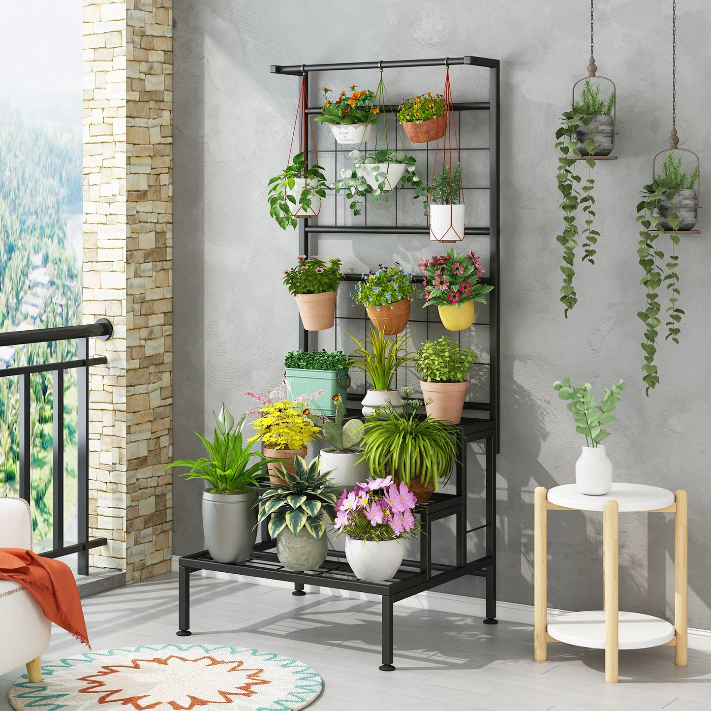Linzinar Plant Stand 3-Tier Heavy Duty Potted Planter Rack Unit with Grid Panel