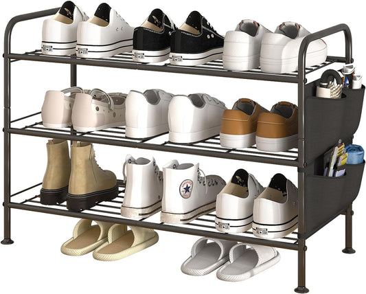 Linzinar Shoe Rack 3 Tier Black Wide Metal Storage Organizer Shelf with Removable Side Pockets