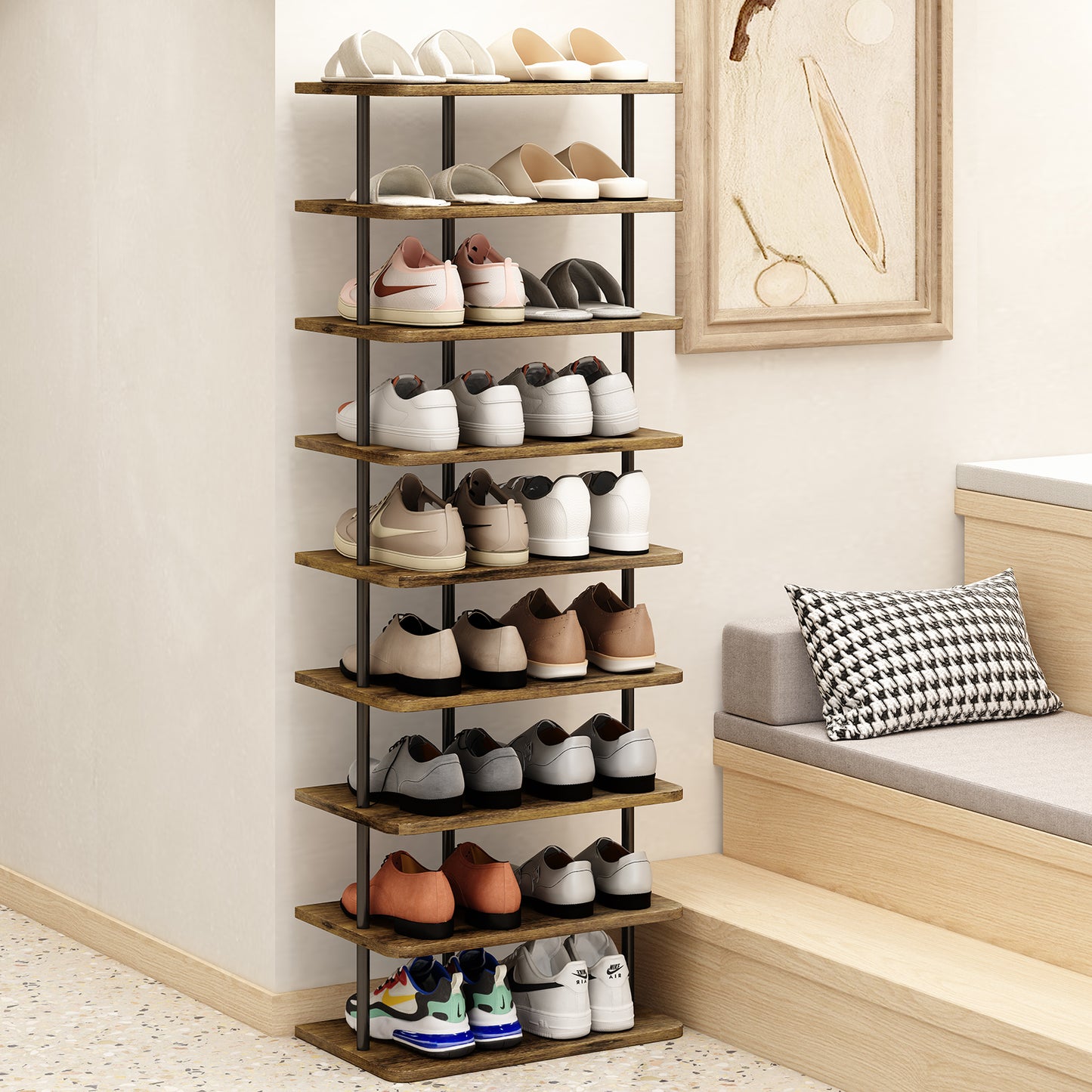 Linzinar Shoe Rack 9 Tier Vertical Storage Organizer Double Row Narrow Metal Slim Shelf