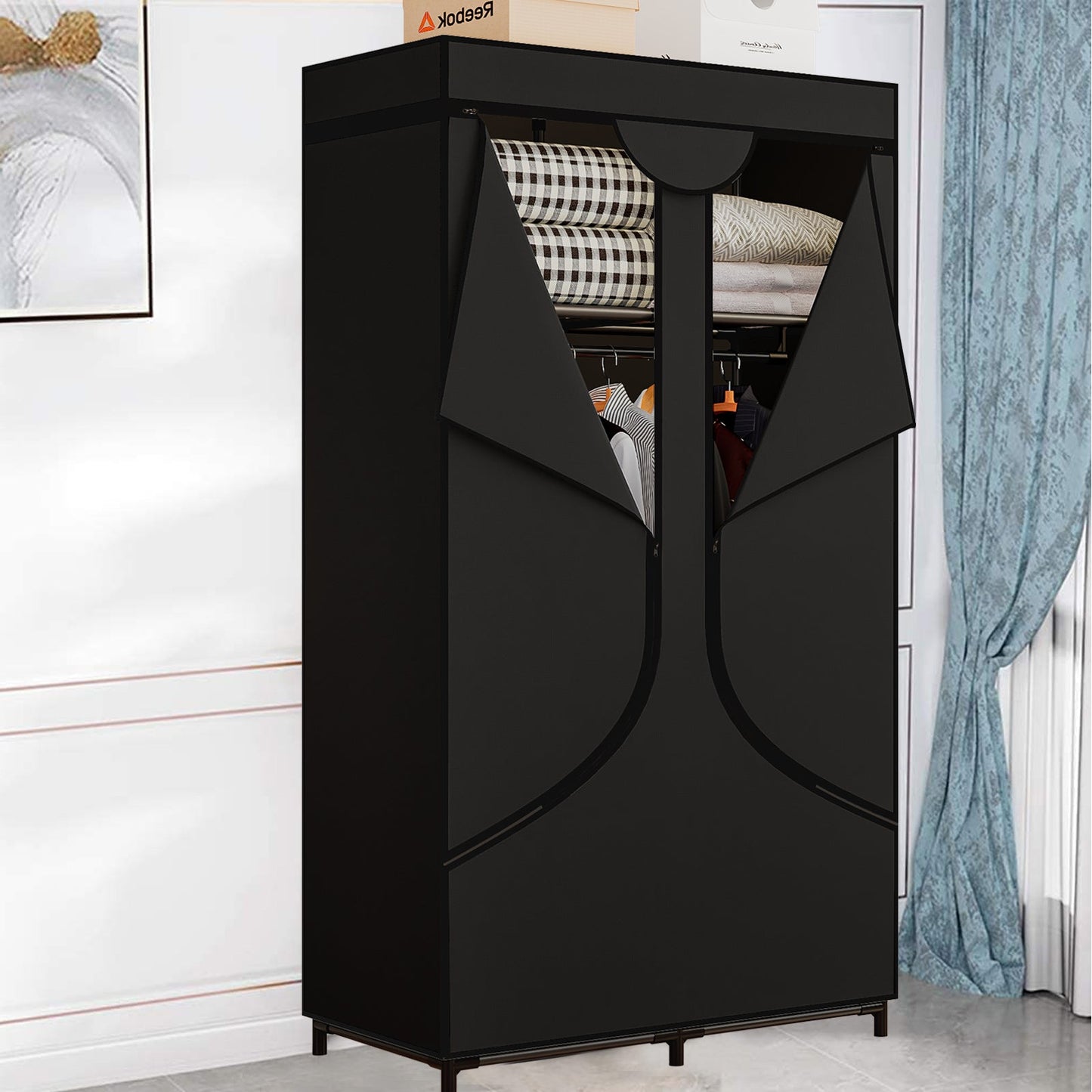 Linzinar 34 Inch Portable Wardrobe Closet Storage Organizer Metal Hanging Rack Non-Woven Fabric