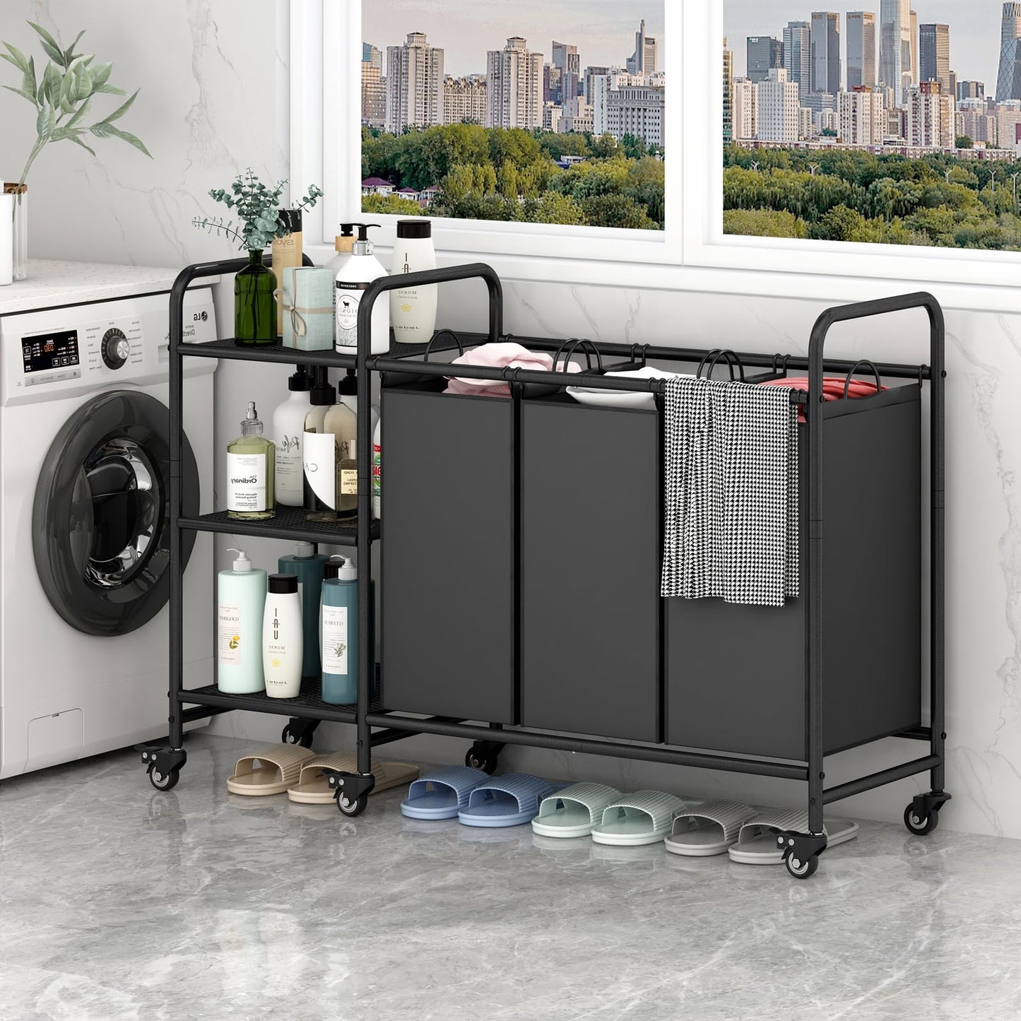 Linzinar 2 Bag Laundry Basket Sorter Cart with Storage Shelf Laundry Hamper with Rolling Wheels