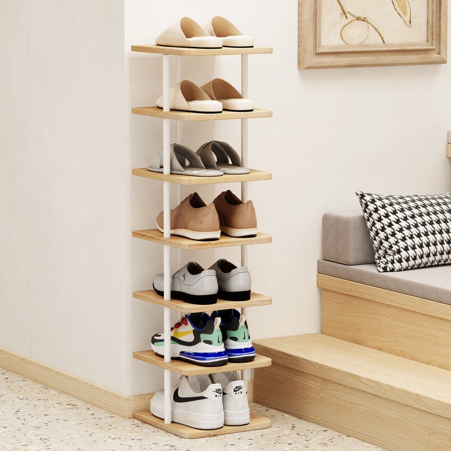 Linzinar Shoe Rack 7 Tier Vertical Storage Organizer Metal Narrow Slim Shelf