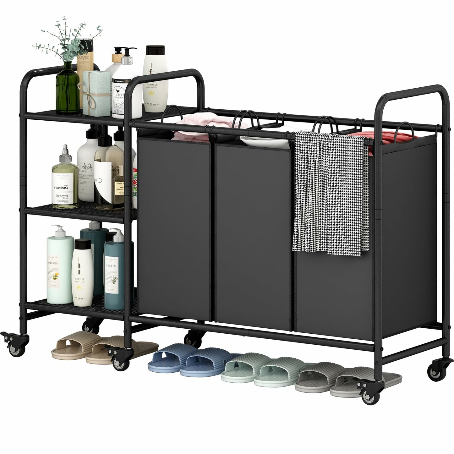 Linzinar 2 Bag Laundry Basket Sorter Cart with Storage Shelf Laundry Hamper with Rolling Wheels
