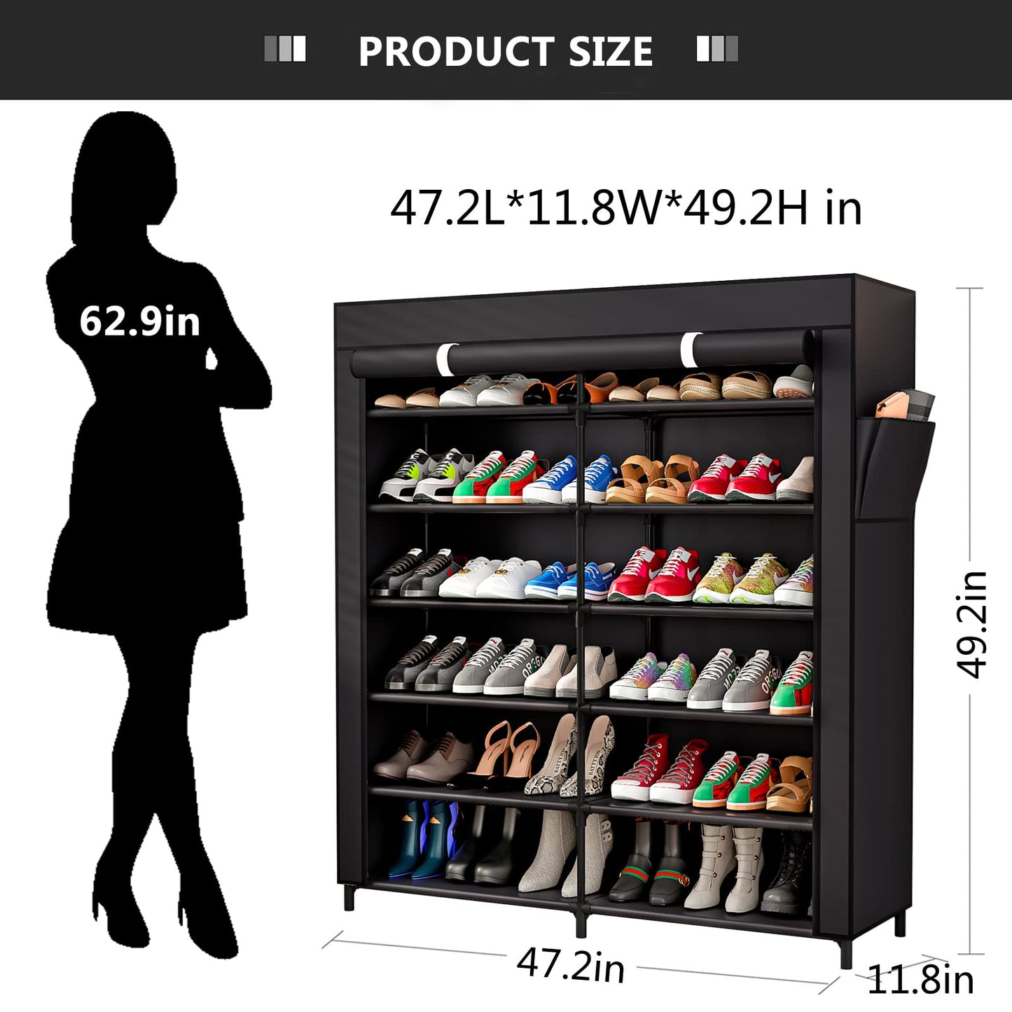 Linzinar 7-Tier Shoe Rack Storage Organizer 42 Pairs Portable Double Row with Dustproof Cover Non-Woven Shoe Storage Cabinet