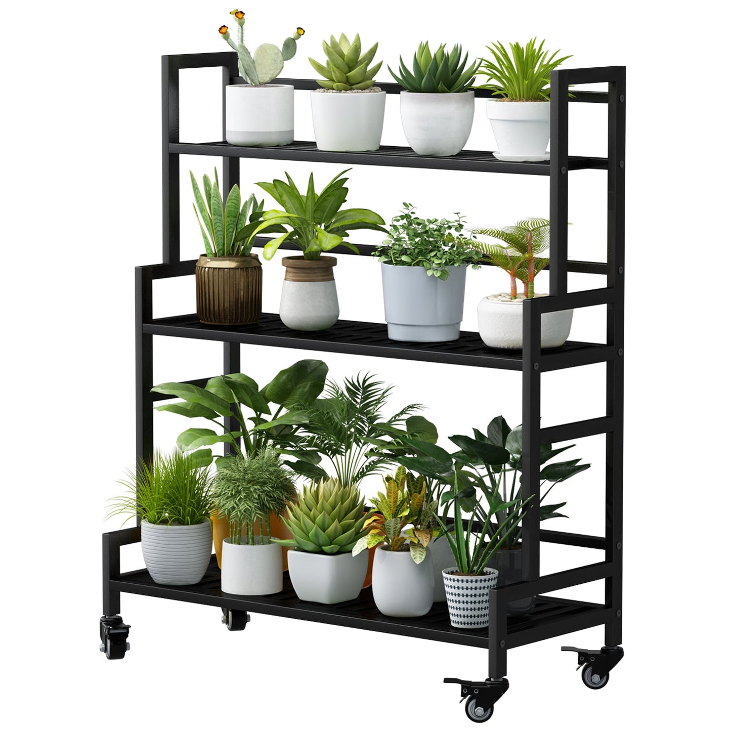 Linzinar Plant Stand Indoor 3 Tier Metal Stands Shelf With wheel for Window Garden Balcony Living Room