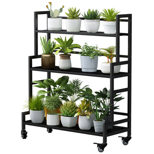 Linzinar Plant Stand Indoor 3 Tier Metal Stands Shelf With wheel for Window Garden Balcony Living Room