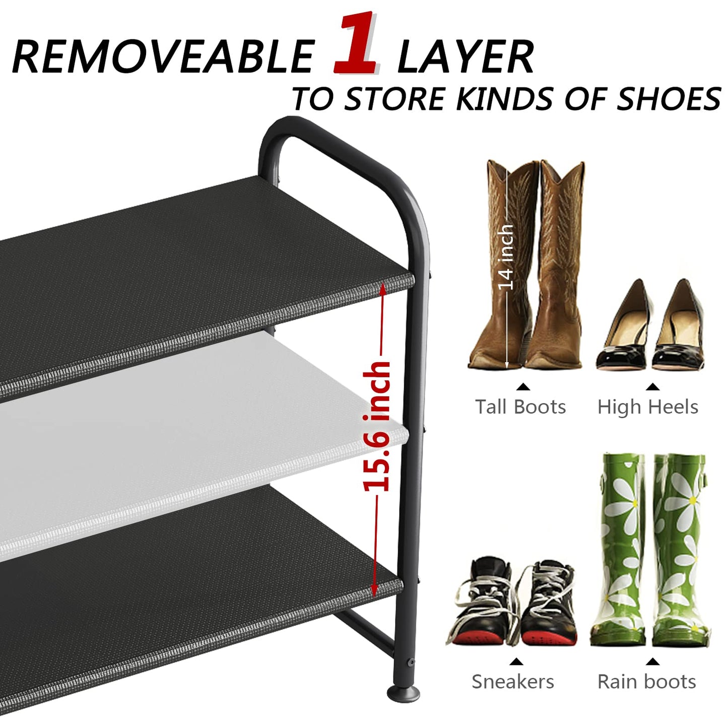 Linzinar Shoe Rack 3 Tier Long Storage Organizer Wide Metal Shoe Shelf