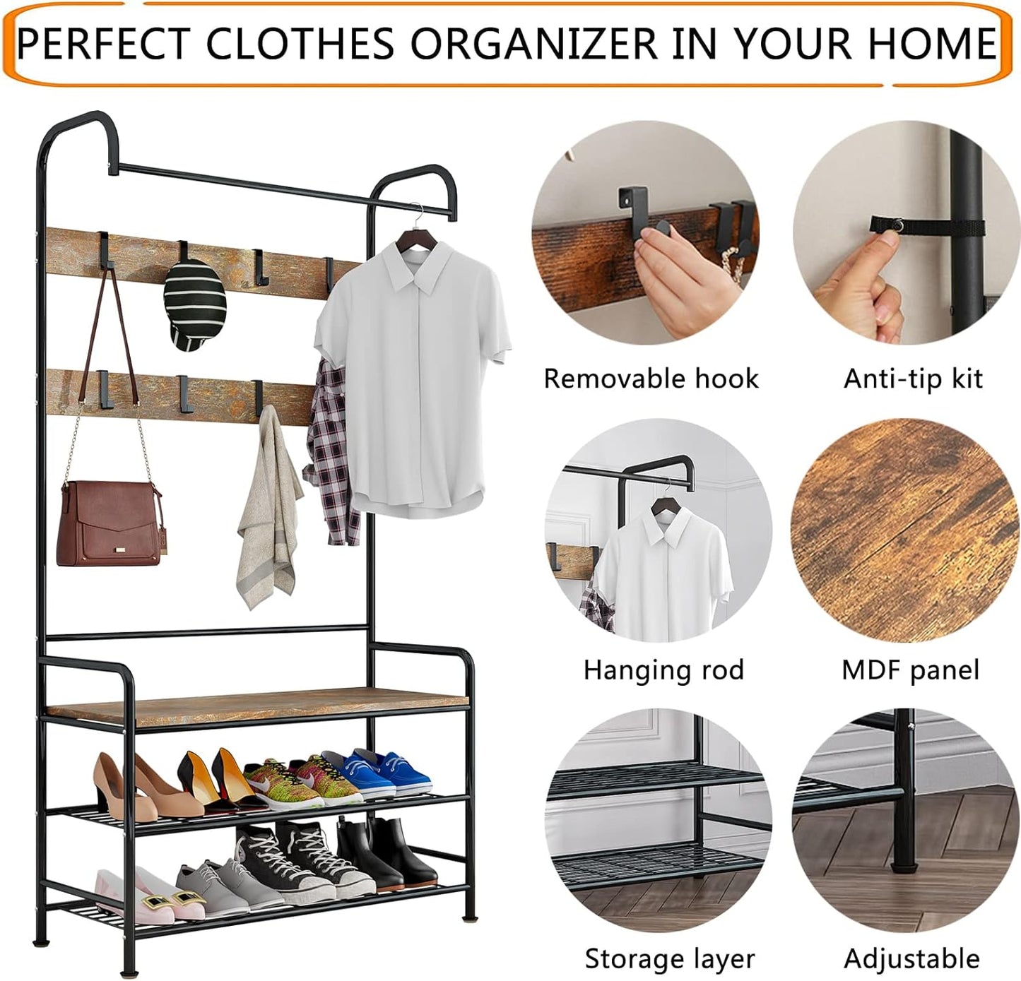 Linzinar Coat Rack Shoe Bench 3-in-1 Hall Tree Storage Shelf Organizer
