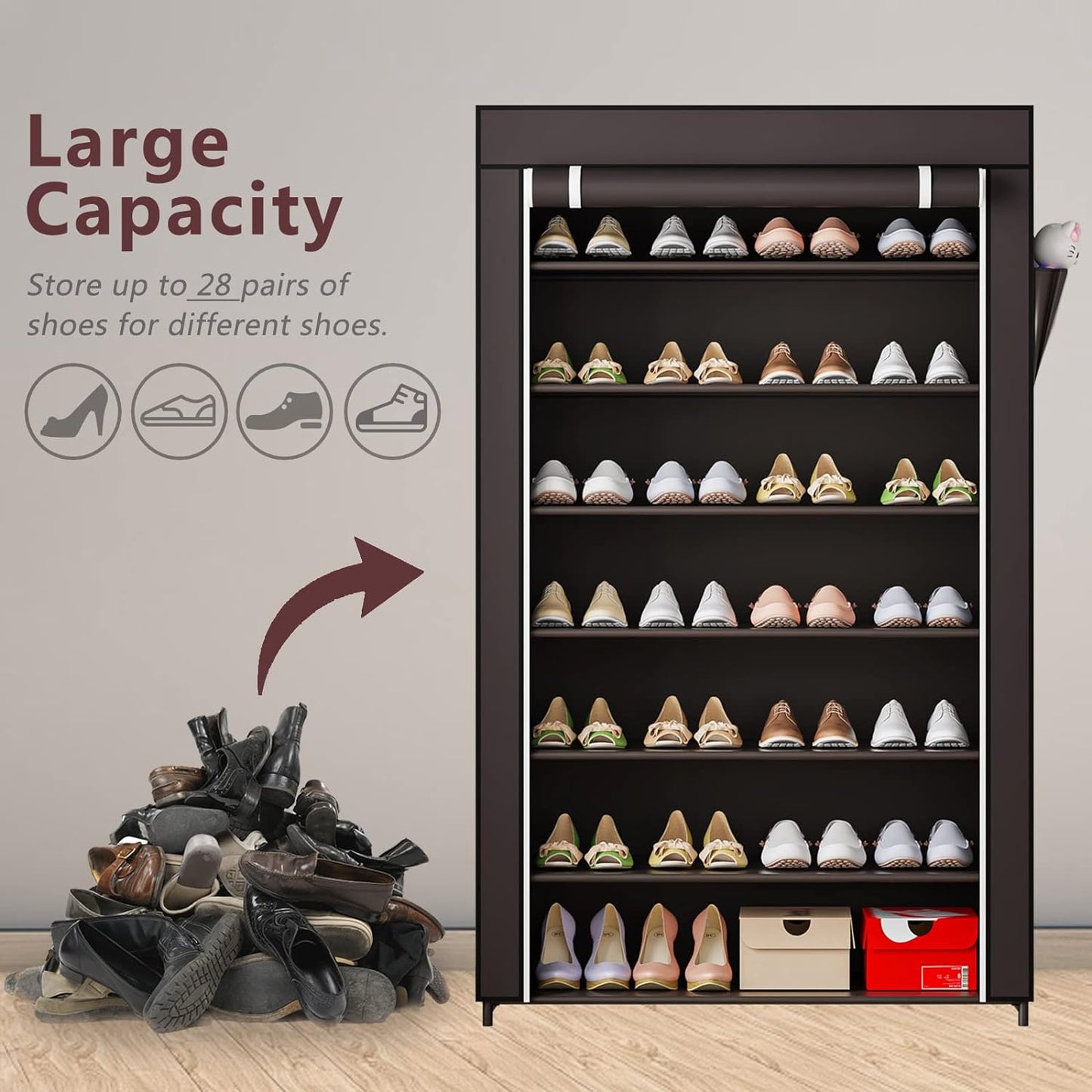 Linzinar 7-Tier Shoe Rack with Dustproof Cover Non-Woven Cabinet