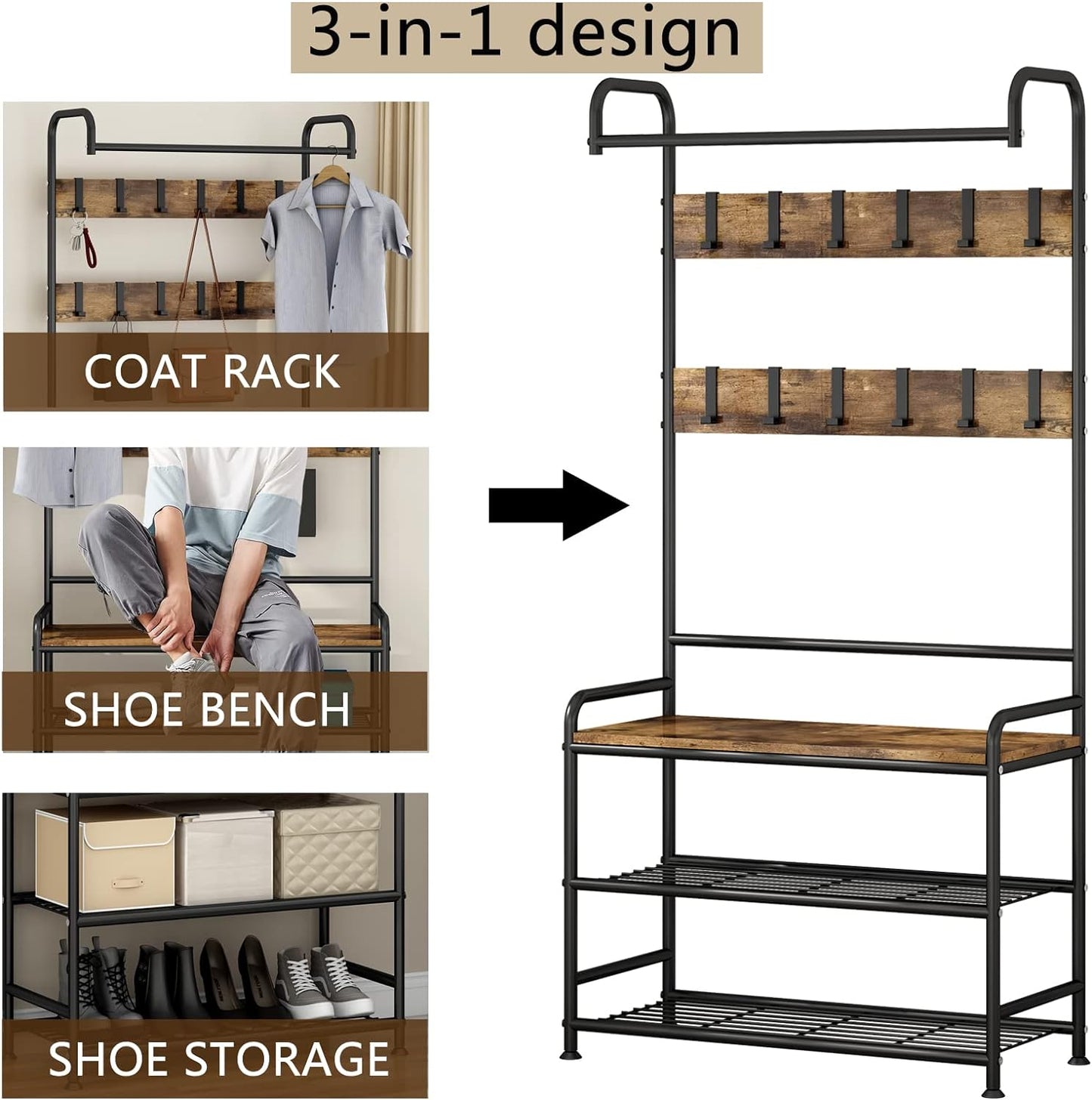 Linzinar Coat Rack Shoe Bench 3-in-1 Hall Tree with MDF Stand