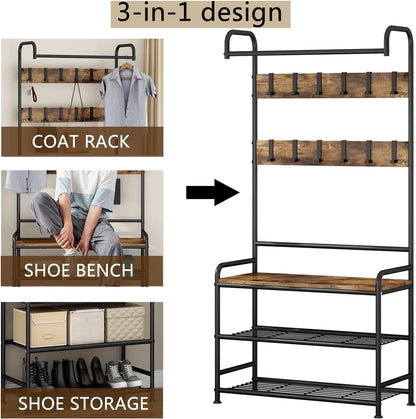 Linzinar Coat Rack Shoe Bench 3-in-1 Hall Tree with MDF Stand
