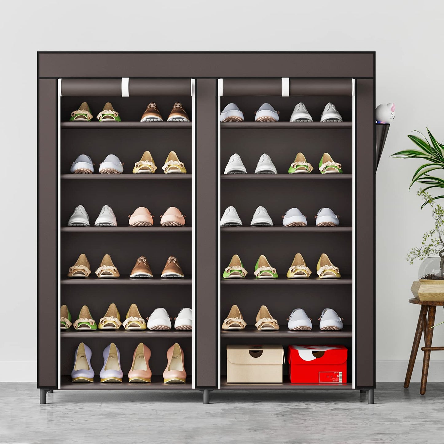 Linzinar Shoe Rack 6 Tier 24-36 Pairs Portable Metal Dust Cover Non Woven with Side Pocket Shoe Shelf Cabinet