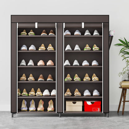 Linzinar Shoe Rack 6 Tier 24-36 Pairs Portable Metal Dust Cover Non Woven with Side Pocket Shoe Shelf Cabinet